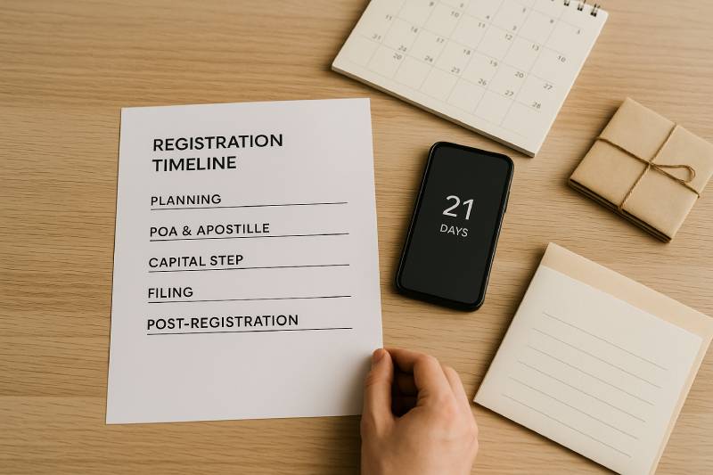 Printed remote formation timeline with calendar and courier envelopes for Bulgarian company registration.