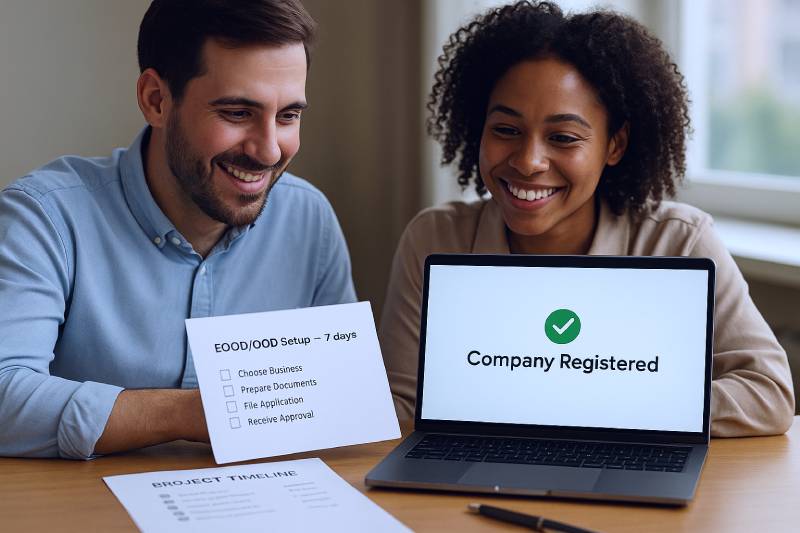 Co-founders celebrating after receiving the Commercial Register decision for their Bulgarian company.