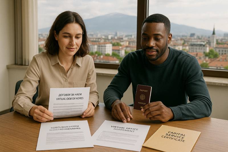 Co-founders validating Bulgarian registered address documents and a capital deposit certificate.