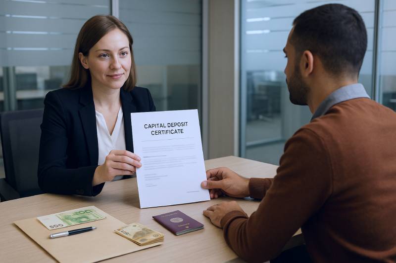 Founder receiving a capital deposit certificate at a Bulgarian bank to register a company.