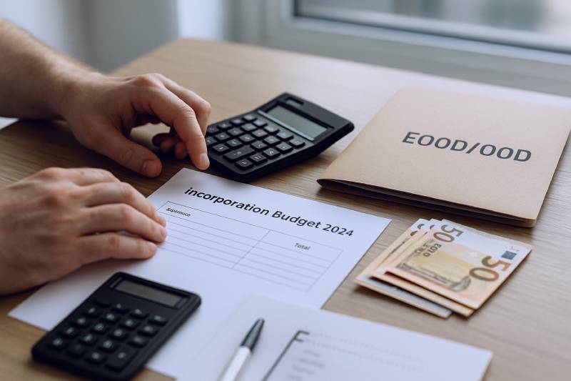 Entrepreneur calculating the budget to register a Bulgarian company with euros and a cost sheet.