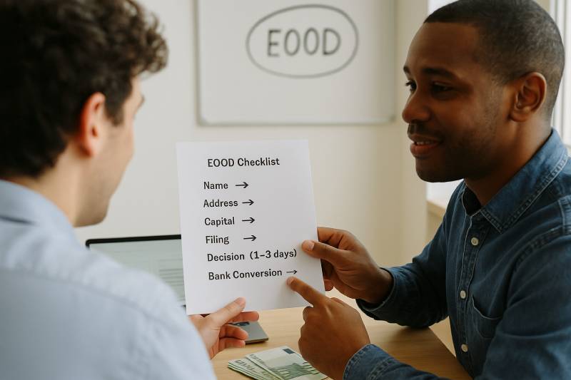 Founder and consultant reviewing an EOOD registration checklist with a 1–3 day decision timeline.