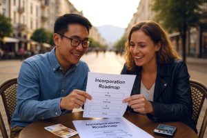 Founder and consultant discussing the Bulgaria incorporation plan at an outdoor café in Sofia.
