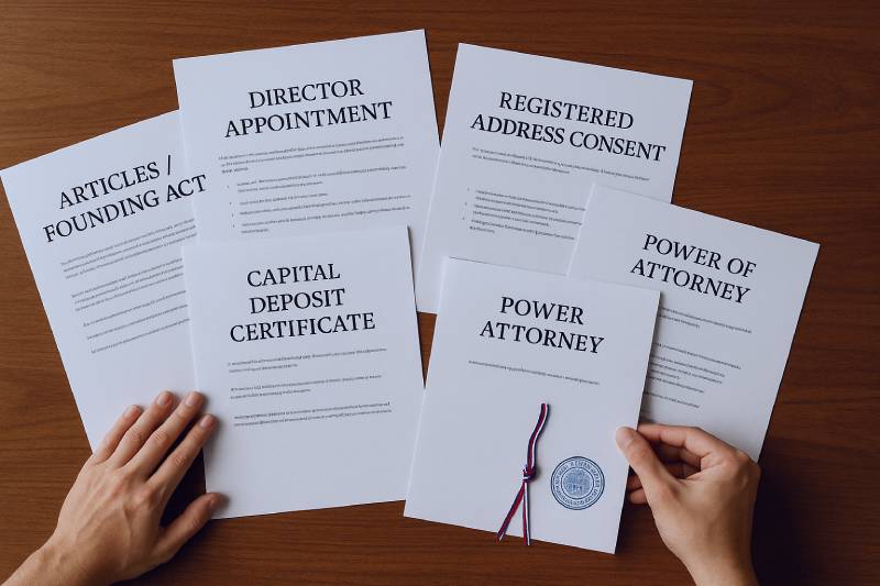 Flat-lay of a complete remote incorporation document pack with apostilled Power of Attorney.