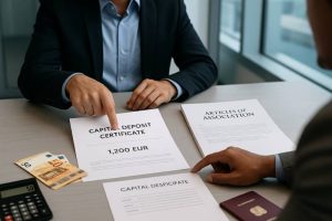 Bank officer highlighting a capital deposit mismatch to a foreign founder before filing in Bulgaria.