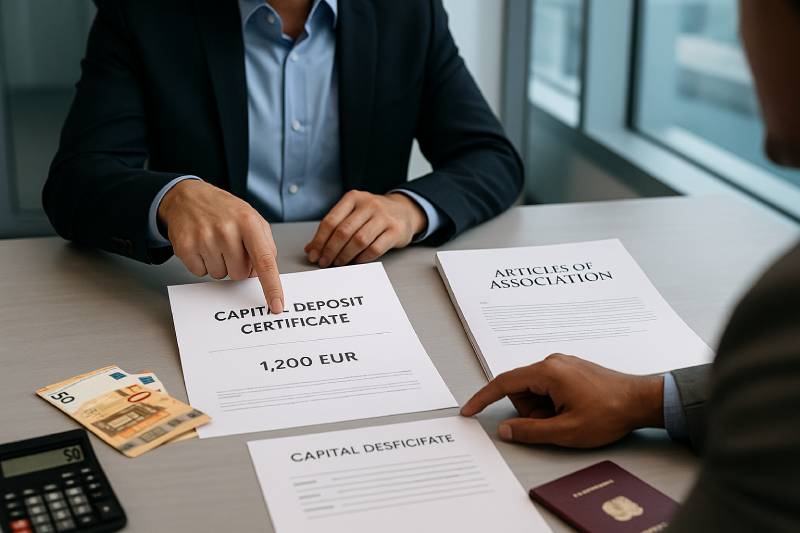 Bank officer highlighting a capital deposit mismatch to a foreign founder before filing in Bulgaria.