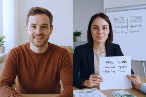 Foreign founder and Bulgarian consultant comparing the pros and cons of remote company registration on a video call.