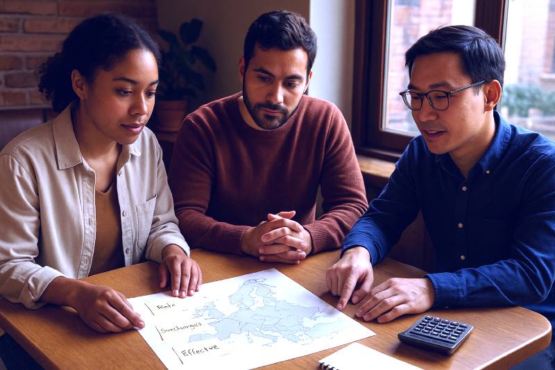 Entrepreneurs in a café planning market entry while marking a Europe map with corporate tax notes for Bulgaria and Western Europe.