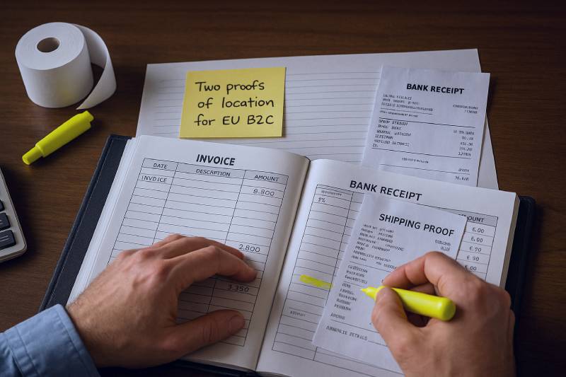 Accountant reconciling invoices, bank receipts, and shipping proof to support VAT filings and refunds.