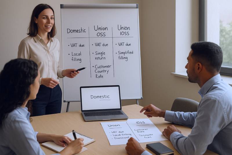 Founder and Bulgarian VAT advisor reviewing VAT triggers and deciding between domestic registration, OSS, or IOSS.