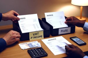 Hands separating VAT paperwork from profit documents to keep corporate tax calculations accurate.