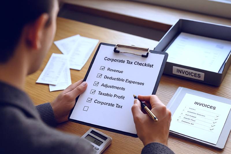 Founder working through the five-step checklist to calculate taxable profit and corporate tax in Bulgaria.