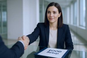 Entrepreneur shaking hands with a client while finalizing an EOOD company setup.