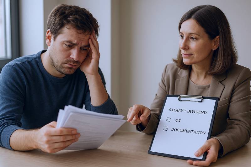 Advisor guiding a stressed founder through a checklist to avoid common tax and compliance pitfalls.
