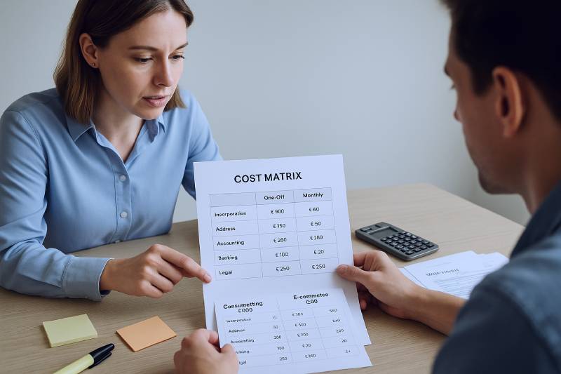 Founder and accountant reviewing a Bulgarian company budget with one-off and monthly costs in EUR.