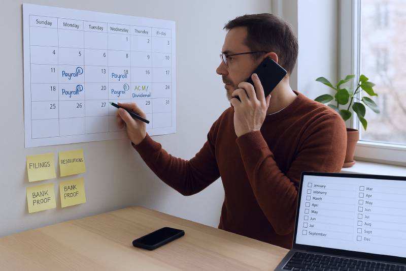Founder scheduling monthly payroll and the annual dividend date on a wall calendar while talking to an accountant.