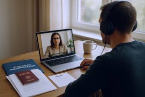 ntrepreneur on a video call with a Bulgarian accountant reviewing incorporation steps.