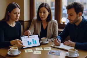 Founders compare Bulgaria and Portugal tax outcomes with an advisor in a Sofia café, tablet showing side-by-side bars.