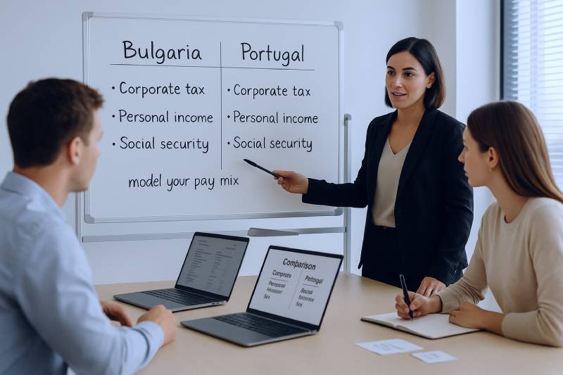 Consultant explains side-by-side tax differences for Bulgaria and Portugal on a whiteboard to two digital nomads.
