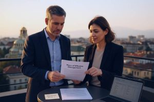 Founder and Bulgarian advisor review board minutes on a Sofia rooftop at sunset to document management outside Bulgaria.