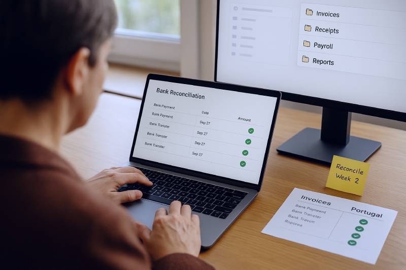 Accountant reconciles bank feeds and organizes monthly folders to prevent late filings.