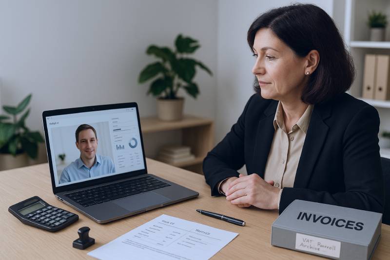 Bulgarian accountant on a video call guiding a foreign founder through a remote bookkeeping dashboard.