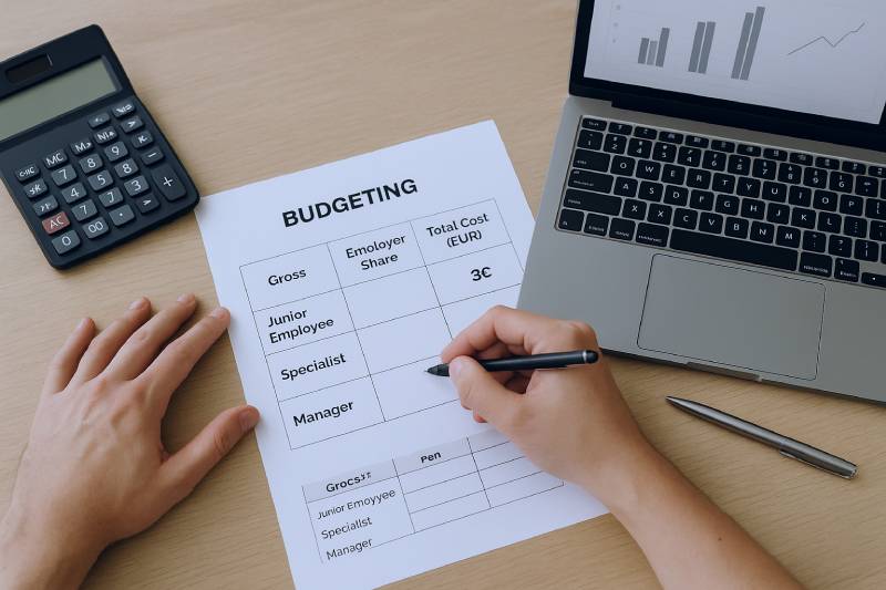 Hands prepare a monthly cost plan for Bulgarian social security with employer share and total cost in euros.