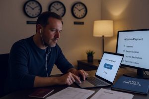 Remote owner approves a two-step payment and reviews VAT and payroll documents from abroad.