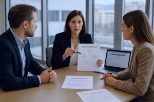 Compliance officer reviews the ownership chart and account agreement with foreign co-founders before signing.