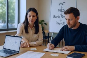 Accountant and founder compare accounting software options in a coworking space with a VAT/VIES checklist.