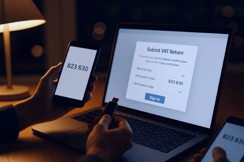 Director uses a security key and phone 2FA to e-sign a VAT return remotely from a home office.