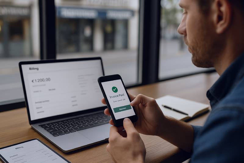 Remote founder approves a client payment on a phone while reviewing an invoice on a laptop in a café with Cyrillic signs outside.
