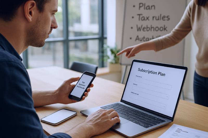 Team sets up a subscription invoicing flow with neutral screens while reviewing plan, tax rules, and automation steps.