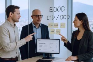 Two founders and a lawyer compare EOOD versus LTD on a whiteboard, discussing governance, dividends, and audit needs.
