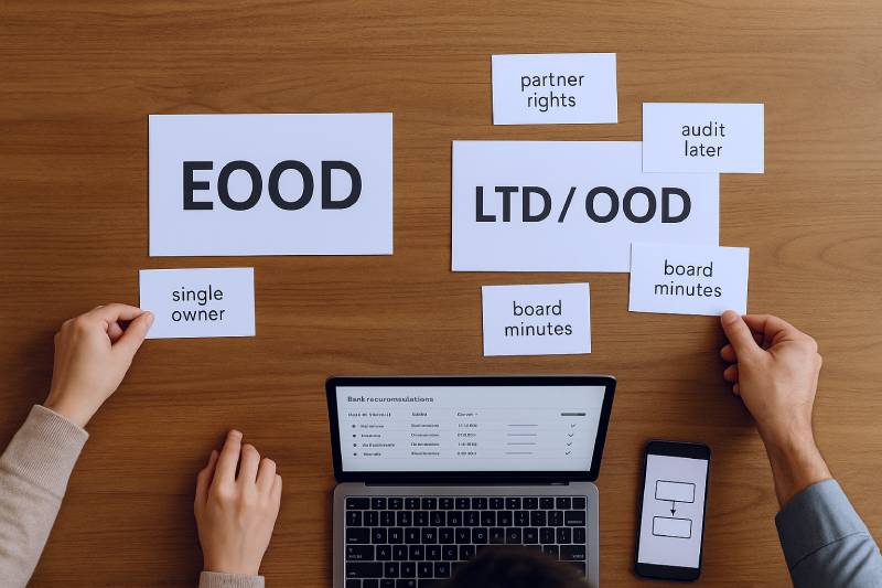 Overhead view comparing EOOD and LTD with pros and cons cards and a simple decision flowchart.