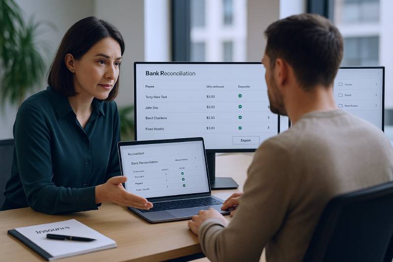 Accountant and owner review automated bank reconciliation and document attachments to strengthen the audit trail.