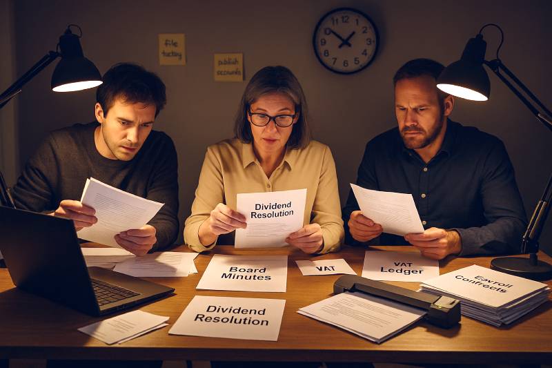 Founders and accountant sorting minutes, VAT ledgers, and payroll files late at night to fix compliance gaps in Bulgaria.