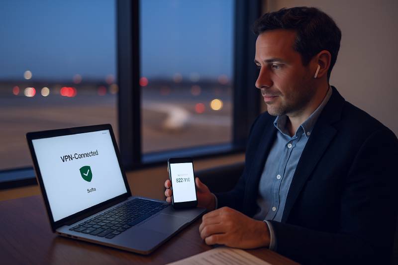 Traveling founder connects to a secure Sofia VPN and approves 2FA to manage the Bulgarian company from abroad.