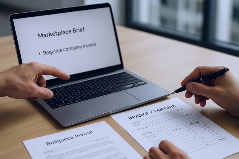 Marketplace job requiring a company invoice next to a bilingual VAT invoice draft in Bulgaria.