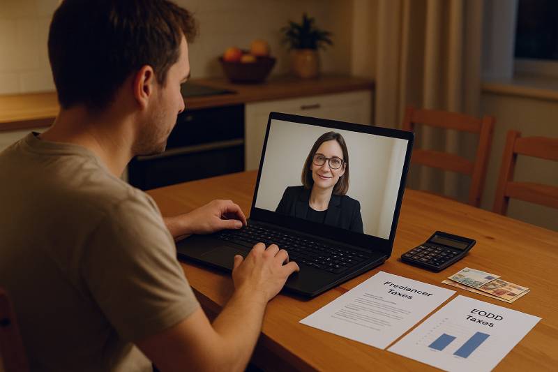 Freelancer compares freelancer taxes versus EOOD taxes with a Bulgarian accountant over a video call.