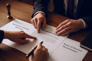 Sworn translator and founder finalize a stamped Bulgarian translation for corporate minutes at a notary desk.