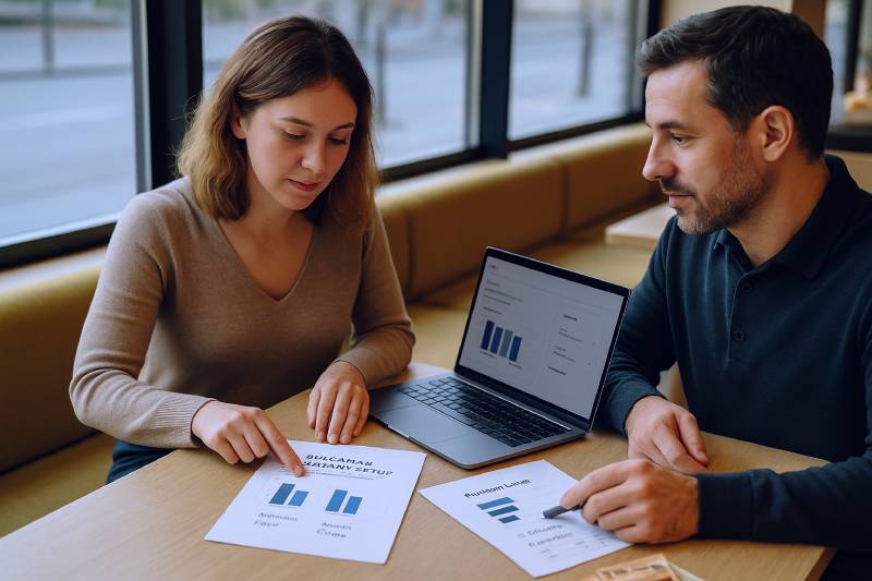 Freelancer and Bulgarian accountant compare platform fees versus company admin costs at a Sofia café.
