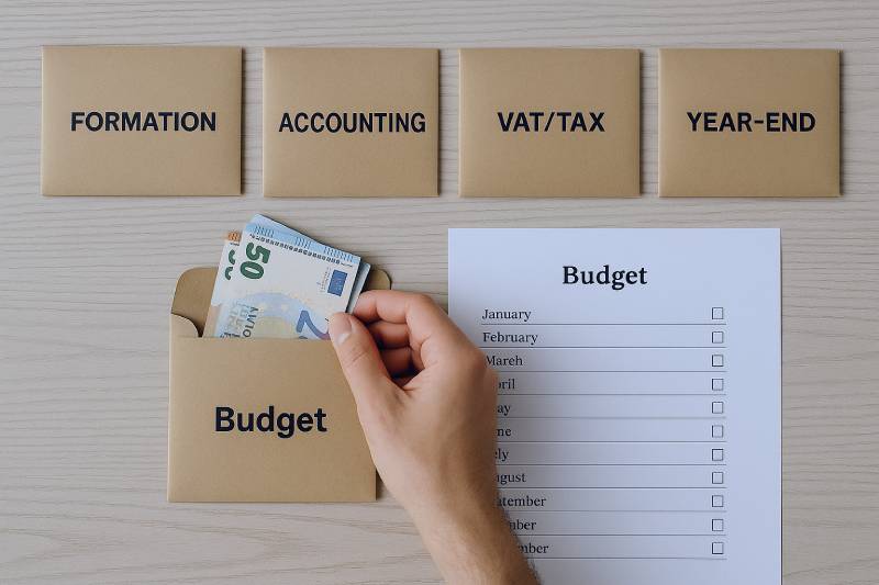 Budget envelopes and a monthly checklist organize first-year formation, accounting, VAT, and year-end costs.