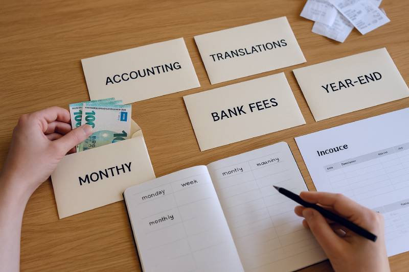 Budget envelopes for accounting, translations, bank fees, and year-end alongside a monthly planner.