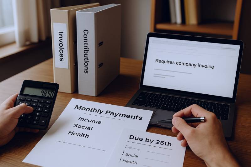 Self-employed professional plans Bulgarian tax and contribution payments using labeled folders and a checklist.