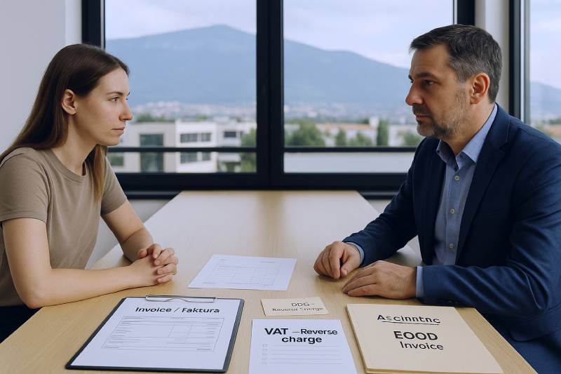 Freelancer meets a Bulgarian accountant in a Sofia co-working space to review invoices, VAT notes, and a monthly routine