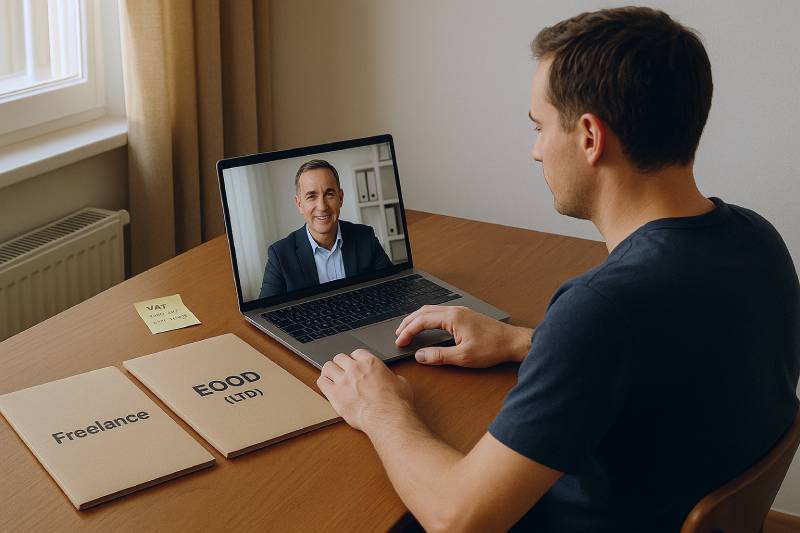 Freelancer discusses switching from freelance to an EOOD with a Bulgarian consultant over video call.