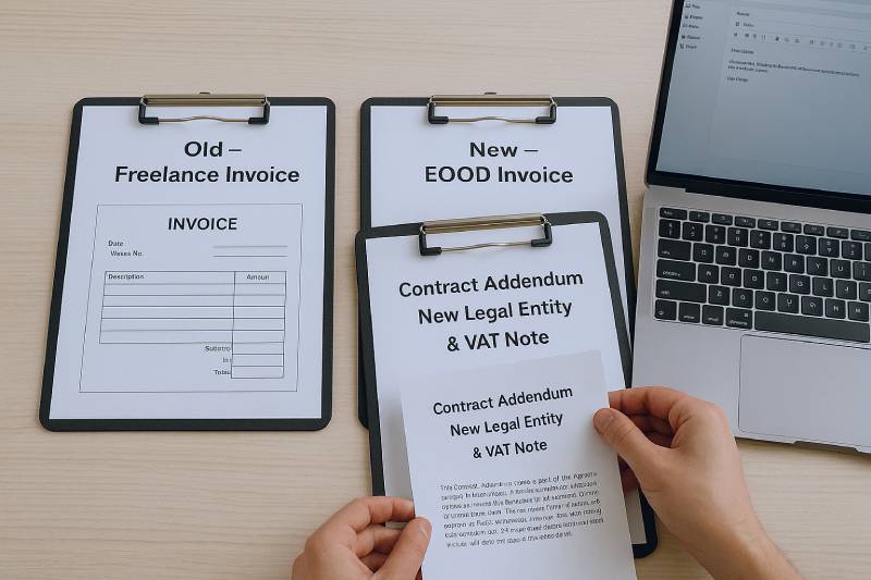 Side-by-side freelancer and EOOD invoice clipboards with a contract addendum for smooth client migration.